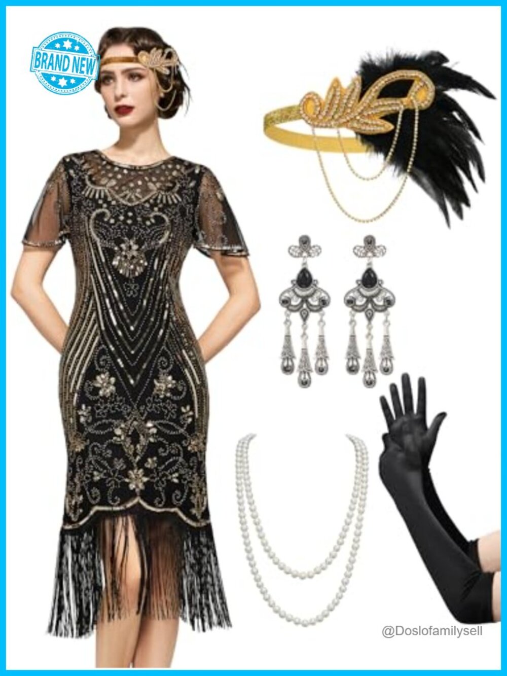 SWEETV Lace Neck Flapper Dress 1920s Costume Set Fringe Sequin